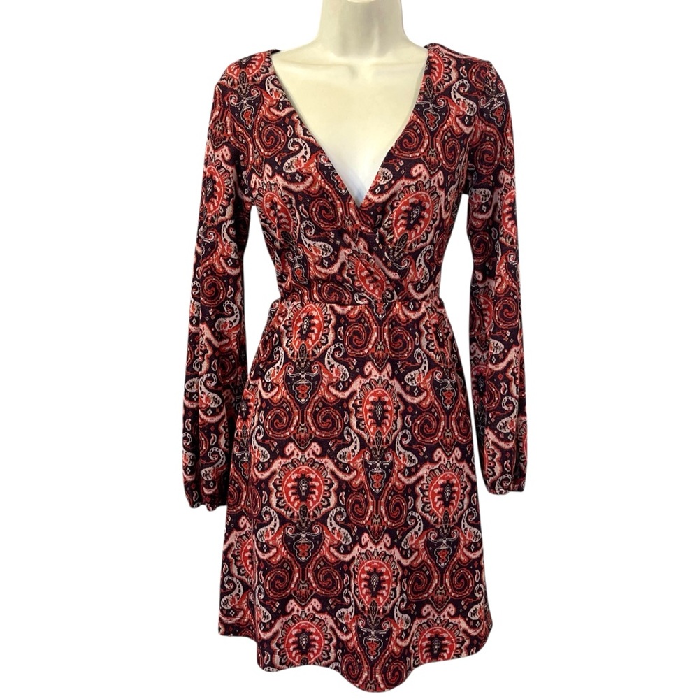 Mauve Anthropologie Paisley Wrap Dress - Red and Black